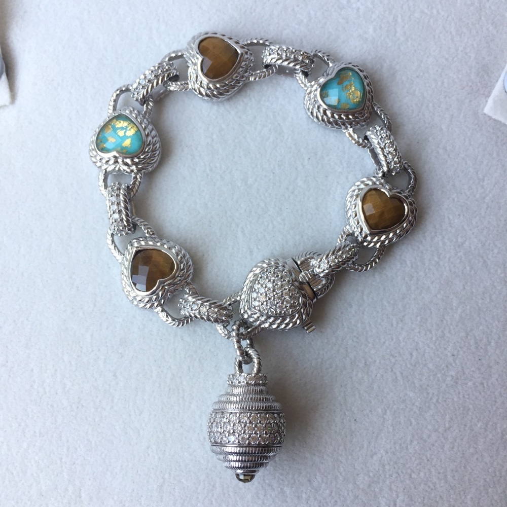 Judith Ripka Sterling Silver Tigers Eye Turquoise Heart Link CZ Bracelet